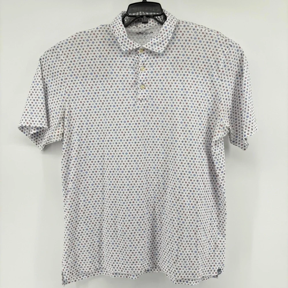 Peter Millar Seaside Mens XL Pima Cotton Floral Polo Shirt White Blue MF21K8